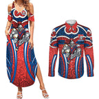 Newcastle Knights Rugby Couples Matching Summer Maxi Dress and Long Sleeve Button Shirt Polynesian Tribal Knight Warrior Red Blue Pattern