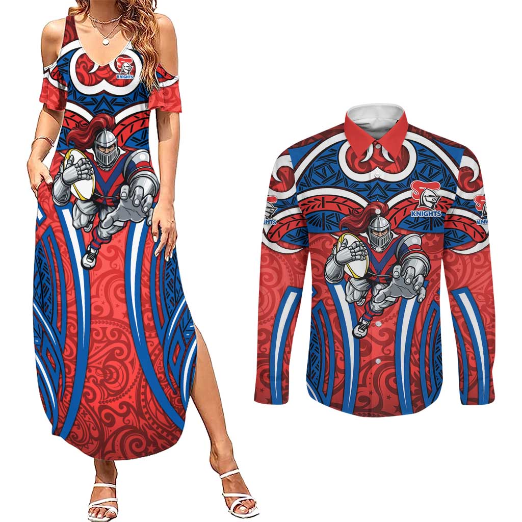 Newcastle Knights Rugby Couples Matching Summer Maxi Dress and Long Sleeve Button Shirt Polynesian Tribal Knight Warrior Red Blue Pattern