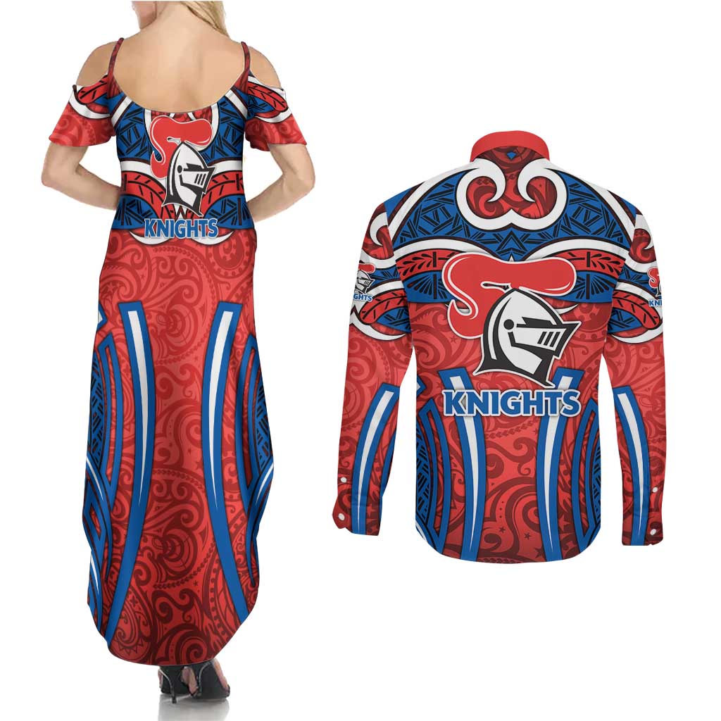 Newcastle Knights Rugby Couples Matching Summer Maxi Dress and Long Sleeve Button Shirt Polynesian Tribal Knight Warrior Red Blue Pattern