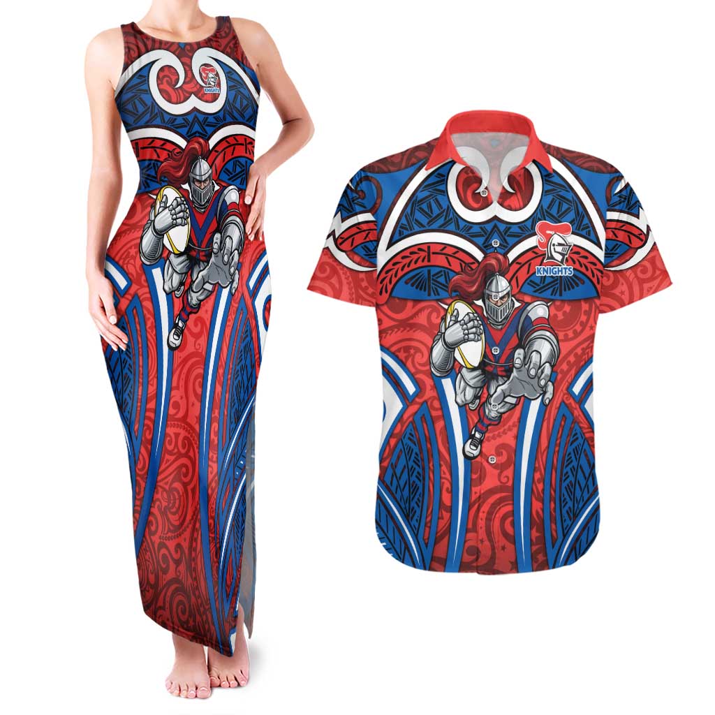 Newcastle Knights Rugby Couples Matching Tank Maxi Dress and Hawaiian Shirt Polynesian Tribal Knight Warrior Red Blue Pattern