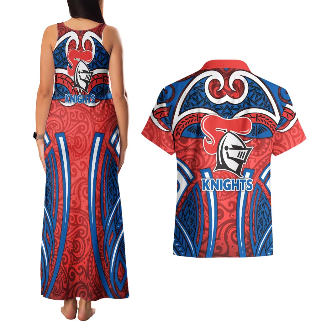 Newcastle Knights Rugby Couples Matching Tank Maxi Dress and Hawaiian Shirt Polynesian Tribal Knight Warrior Red Blue Pattern
