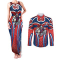 Newcastle Knights Rugby Couples Matching Tank Maxi Dress and Long Sleeve Button Shirt Polynesian Tribal Knight Warrior Red Blue Pattern