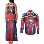Newcastle Knights Rugby Couples Matching Tank Maxi Dress and Long Sleeve Button Shirt Polynesian Tribal Knight Warrior Red Blue Pattern