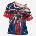 Newcastle Knights Rugby Cross Shoulder Shirt Polynesian Tribal Knight Warrior Red Blue Pattern