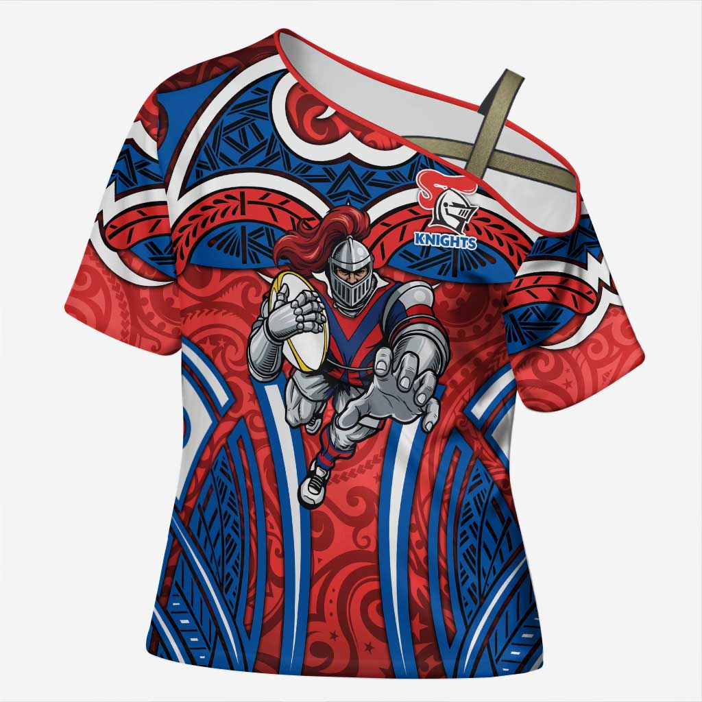 Newcastle Knights Rugby Cross Shoulder Shirt Polynesian Tribal Knight Warrior Red Blue Pattern