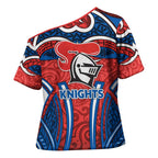 Newcastle Knights Rugby Cross Shoulder Shirt Polynesian Tribal Knight Warrior Red Blue Pattern