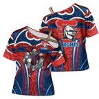 Newcastle Knights Rugby Cross Shoulder Shirt Polynesian Tribal Knight Warrior Red Blue Pattern