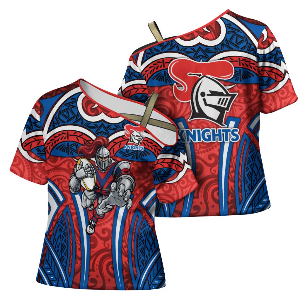 Newcastle Knights Rugby Cross Shoulder Shirt Polynesian Tribal Knight Warrior Red Blue Pattern