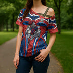 Newcastle Knights Rugby Cross Shoulder Shirt Polynesian Tribal Knight Warrior Red Blue Pattern