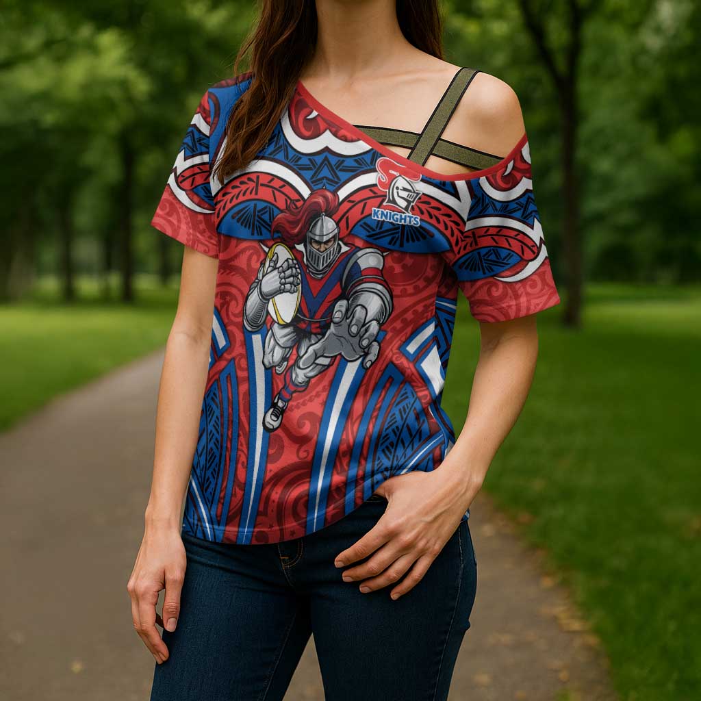 Newcastle Knights Rugby Cross Shoulder Shirt Polynesian Tribal Knight Warrior Red Blue Pattern