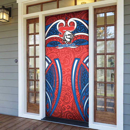 Newcastle Knights Rugby Door Cover Polynesian Tribal Knight Warrior Red Blue Pattern