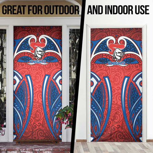 Newcastle Knights Rugby Door Cover Polynesian Tribal Knight Warrior Red Blue Pattern