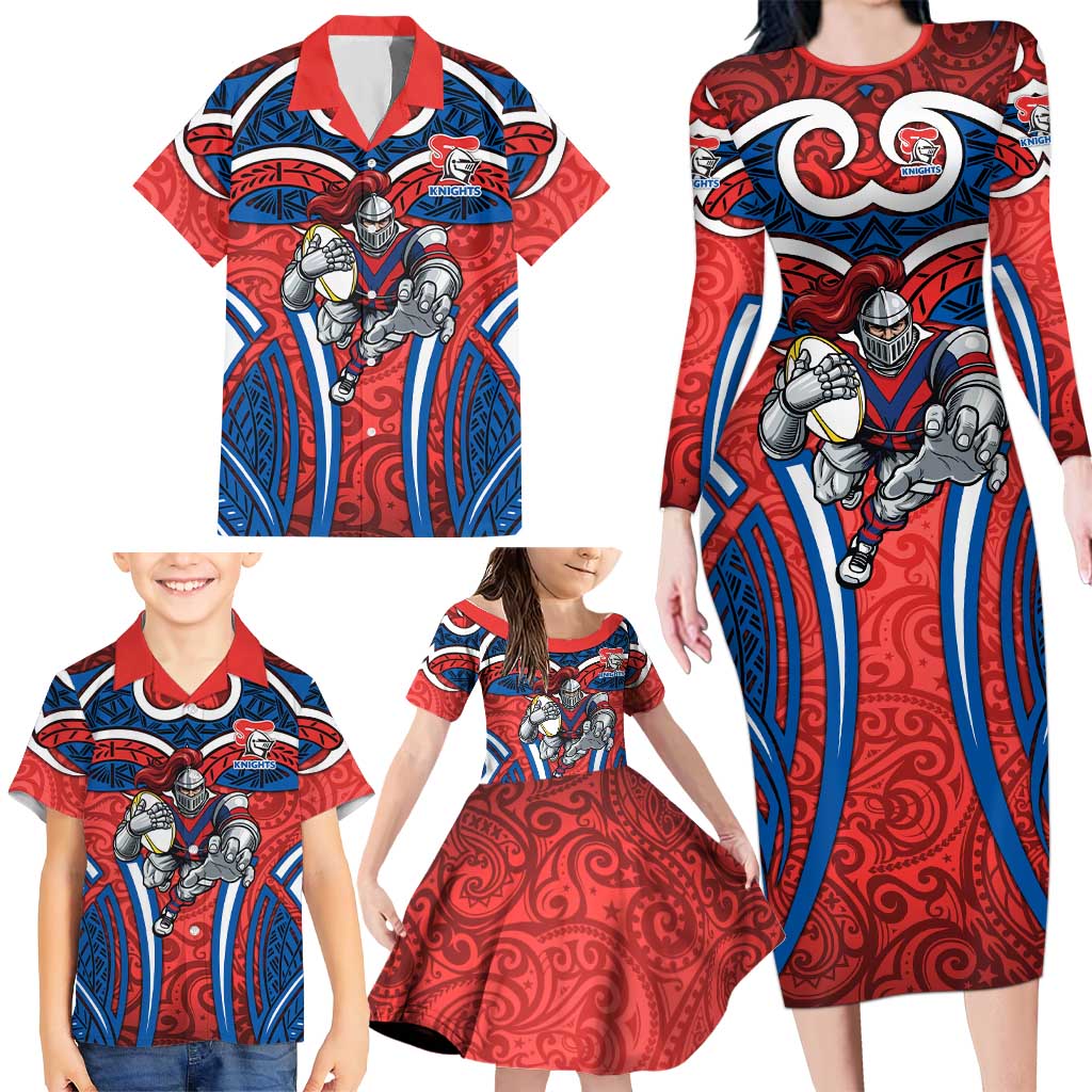 Newcastle Knights Rugby Family Matching Long Sleeve Bodycon Dress and Hawaiian Shirt Polynesian Tribal Knight Warrior Red Blue Pattern