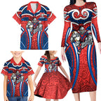 Newcastle Knights Rugby Family Matching Long Sleeve Bodycon Dress and Hawaiian Shirt Polynesian Tribal Knight Warrior Red Blue Pattern