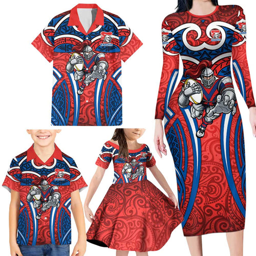 Newcastle Knights Rugby Family Matching Long Sleeve Bodycon Dress and Hawaiian Shirt Polynesian Tribal Knight Warrior Red Blue Pattern