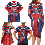 Newcastle Knights Rugby Family Matching Long Sleeve Bodycon Dress and Hawaiian Shirt Polynesian Tribal Knight Warrior Red Blue Pattern