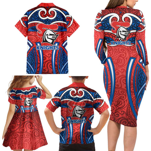Newcastle Knights Rugby Family Matching Long Sleeve Bodycon Dress and Hawaiian Shirt Polynesian Tribal Knight Warrior Red Blue Pattern