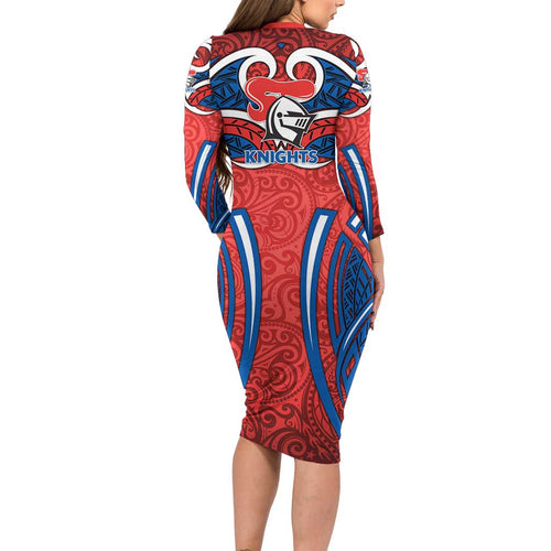 Newcastle Knights Rugby Family Matching Long Sleeve Bodycon Dress and Hawaiian Shirt Polynesian Tribal Knight Warrior Red Blue Pattern