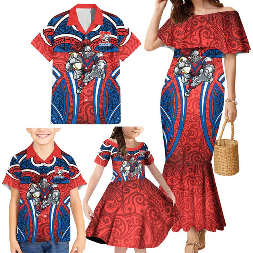 Newcastle Knights Rugby Family Matching Mermaid Dress and Hawaiian Shirt Polynesian Tribal Knight Warrior Red Blue Pattern