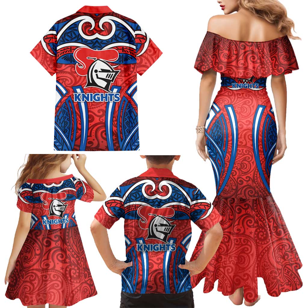 Newcastle Knights Rugby Family Matching Mermaid Dress and Hawaiian Shirt Polynesian Tribal Knight Warrior Red Blue Pattern