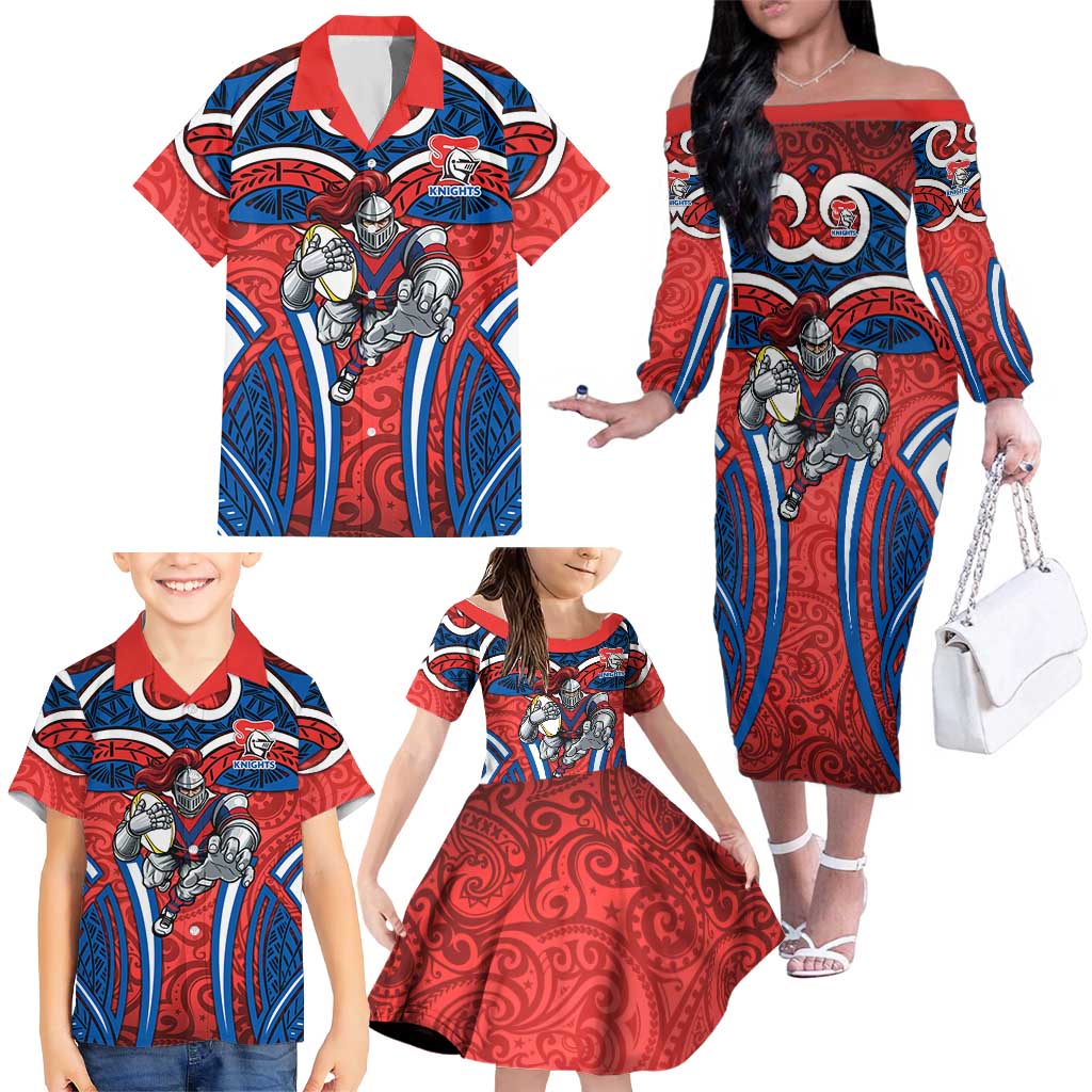 Newcastle Knights Rugby Family Matching Off The Shoulder Long Sleeve Dress and Hawaiian Shirt Polynesian Tribal Knight Warrior Red Blue Pattern