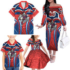Newcastle Knights Rugby Family Matching Off The Shoulder Long Sleeve Dress and Hawaiian Shirt Polynesian Tribal Knight Warrior Red Blue Pattern