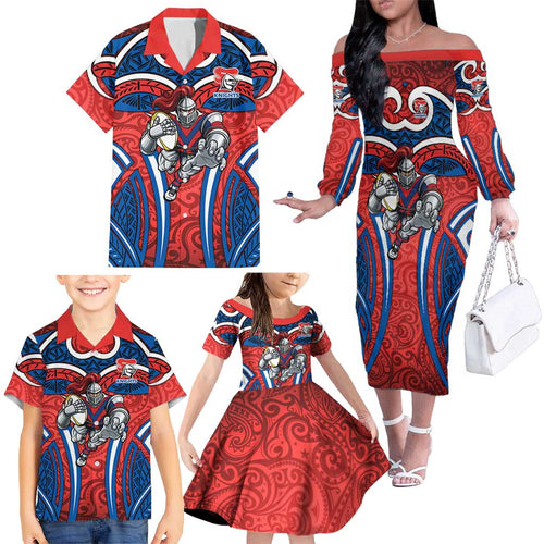 Newcastle Knights Rugby Family Matching Off The Shoulder Long Sleeve Dress and Hawaiian Shirt Polynesian Tribal Knight Warrior Red Blue Pattern