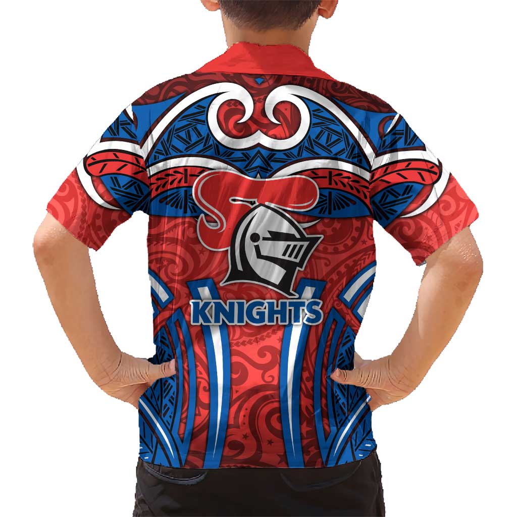 Newcastle Knights Rugby Family Matching Off The Shoulder Long Sleeve Dress and Hawaiian Shirt Polynesian Tribal Knight Warrior Red Blue Pattern