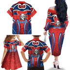Newcastle Knights Rugby Family Matching Off The Shoulder Long Sleeve Dress and Hawaiian Shirt Polynesian Tribal Knight Warrior Red Blue Pattern
