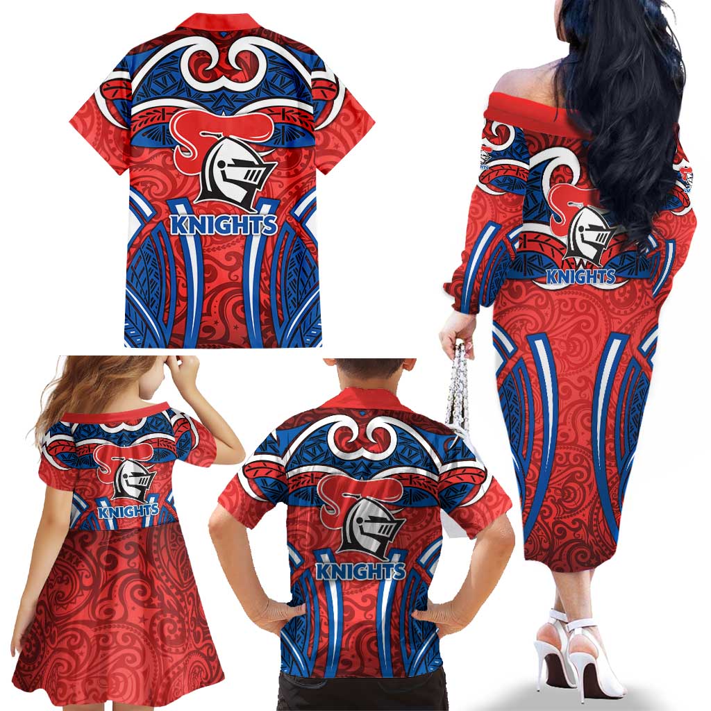 Newcastle Knights Rugby Family Matching Off The Shoulder Long Sleeve Dress and Hawaiian Shirt Polynesian Tribal Knight Warrior Red Blue Pattern