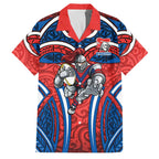 Newcastle Knights Rugby Family Matching Off The Shoulder Long Sleeve Dress and Hawaiian Shirt Polynesian Tribal Knight Warrior Red Blue Pattern