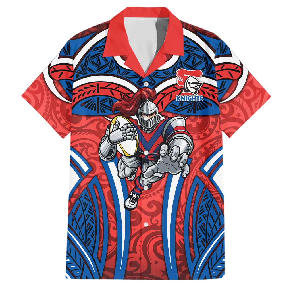 Newcastle Knights Rugby Family Matching Off The Shoulder Long Sleeve Dress and Hawaiian Shirt Polynesian Tribal Knight Warrior Red Blue Pattern