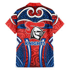 Newcastle Knights Rugby Family Matching Off The Shoulder Long Sleeve Dress and Hawaiian Shirt Polynesian Tribal Knight Warrior Red Blue Pattern