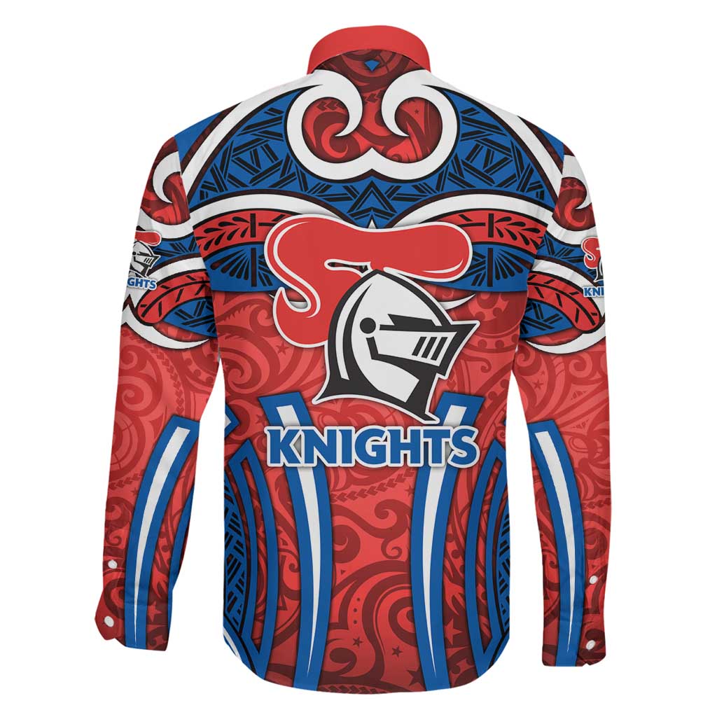 Newcastle Knights Rugby Family Matching Off The Shoulder Long Sleeve Dress and Hawaiian Shirt Polynesian Tribal Knight Warrior Red Blue Pattern