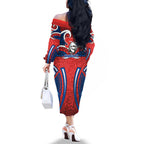 Newcastle Knights Rugby Family Matching Off The Shoulder Long Sleeve Dress and Hawaiian Shirt Polynesian Tribal Knight Warrior Red Blue Pattern