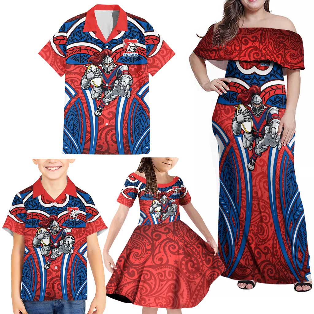 Newcastle Knights Rugby Family Matching Off Shoulder Maxi Dress and Hawaiian Shirt Polynesian Tribal Knight Warrior Red Blue Pattern