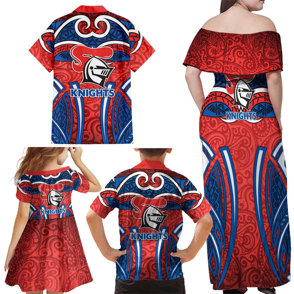Newcastle Knights Rugby Family Matching Off Shoulder Maxi Dress and Hawaiian Shirt Polynesian Tribal Knight Warrior Red Blue Pattern
