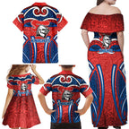 Newcastle Knights Rugby Family Matching Off Shoulder Maxi Dress and Hawaiian Shirt Polynesian Tribal Knight Warrior Red Blue Pattern