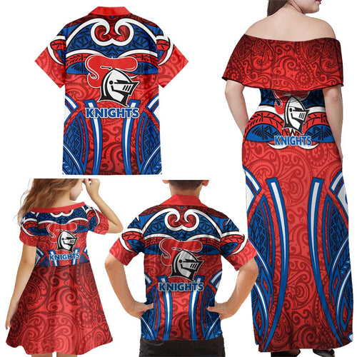 Newcastle Knights Rugby Family Matching Off Shoulder Maxi Dress and Hawaiian Shirt Polynesian Tribal Knight Warrior Red Blue Pattern