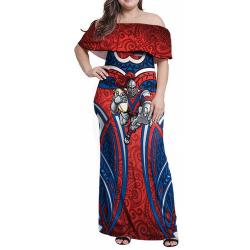 Newcastle Knights Rugby Family Matching Off Shoulder Maxi Dress and Hawaiian Shirt Polynesian Tribal Knight Warrior Red Blue Pattern