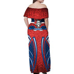 Newcastle Knights Rugby Family Matching Off Shoulder Maxi Dress and Hawaiian Shirt Polynesian Tribal Knight Warrior Red Blue Pattern