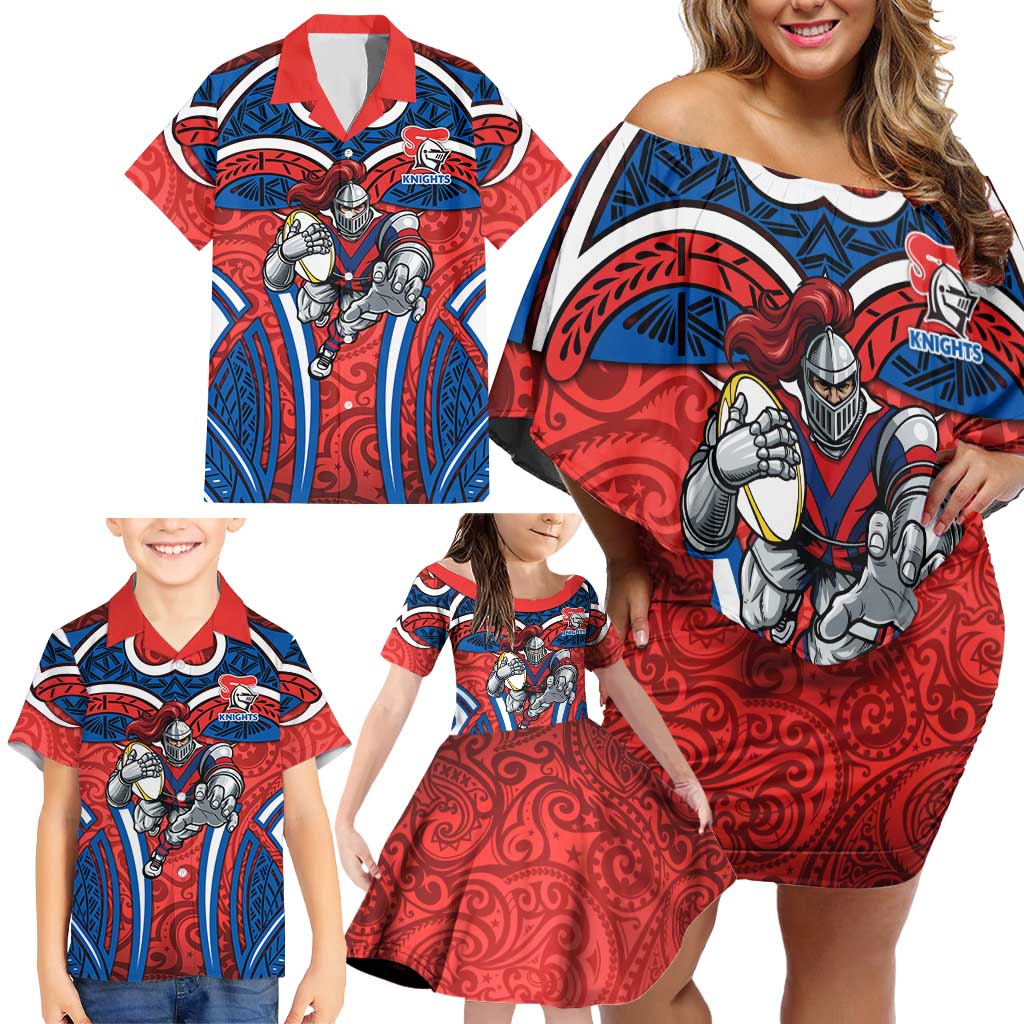 Newcastle Knights Rugby Family Matching Off Shoulder Short Dress and Hawaiian Shirt Polynesian Tribal Knight Warrior Red Blue Pattern