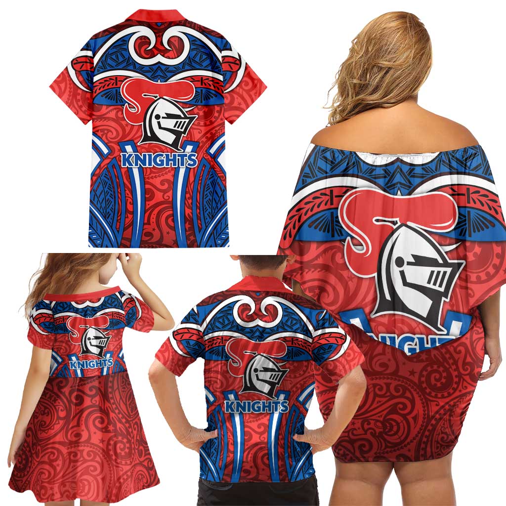 Newcastle Knights Rugby Family Matching Off Shoulder Short Dress and Hawaiian Shirt Polynesian Tribal Knight Warrior Red Blue Pattern