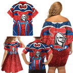 Newcastle Knights Rugby Family Matching Off Shoulder Short Dress and Hawaiian Shirt Polynesian Tribal Knight Warrior Red Blue Pattern