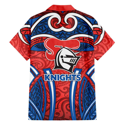 Newcastle Knights Rugby Family Matching Off Shoulder Short Dress and Hawaiian Shirt Polynesian Tribal Knight Warrior Red Blue Pattern