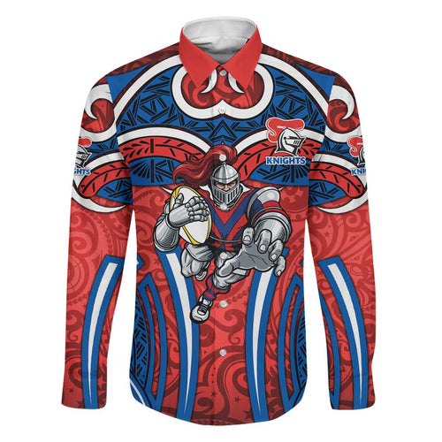 Newcastle Knights Rugby Family Matching Off Shoulder Short Dress and Hawaiian Shirt Polynesian Tribal Knight Warrior Red Blue Pattern