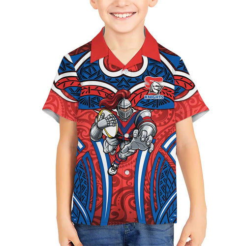 Newcastle Knights Rugby Family Matching Off Shoulder Short Dress and Hawaiian Shirt Polynesian Tribal Knight Warrior Red Blue Pattern