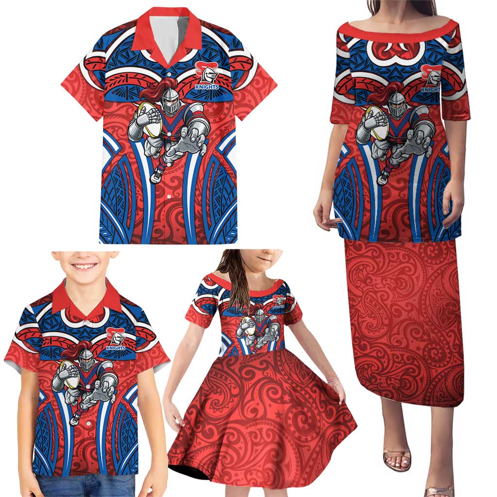 Newcastle Knights Rugby Family Matching Puletasi and Hawaiian Shirt Polynesian Tribal Knight Warrior Red Blue Pattern
