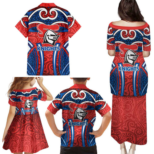 Newcastle Knights Rugby Family Matching Puletasi and Hawaiian Shirt Polynesian Tribal Knight Warrior Red Blue Pattern