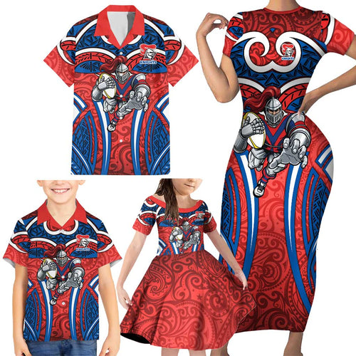 Newcastle Knights Rugby Family Matching Short Sleeve Bodycon Dress and Hawaiian Shirt Polynesian Tribal Knight Warrior Red Blue Pattern